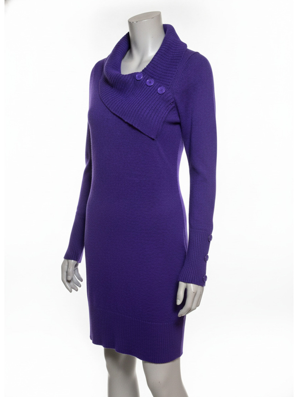 Say What? Purple Cowl Neck Sweater Dress with Button Detail — Size M